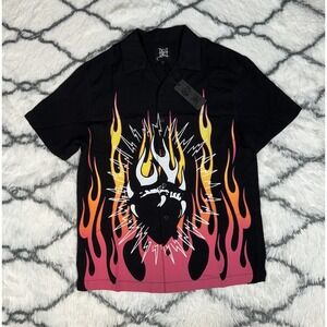 ED HARDY Fire Heart Button Up Flames Pink Black Camp Shirt Men's Sz S *NEW* $85